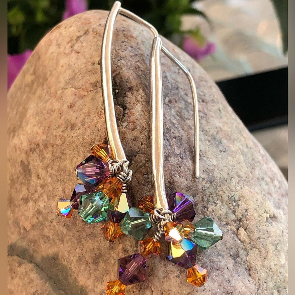 Vintage Sterling Silver Rainbow Crystal Cluster Earrings